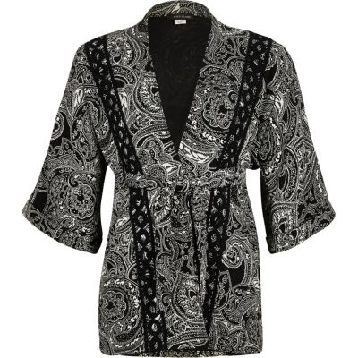 Girls black paisley print kimono jacket